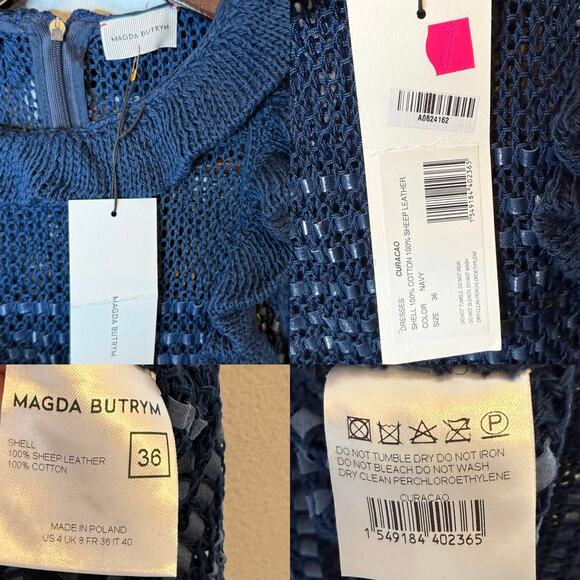 Magda Butrym Crochet Cotton and Leather One Sleeve Mini Dress in Curaçao Navy - Picture 5 of 9